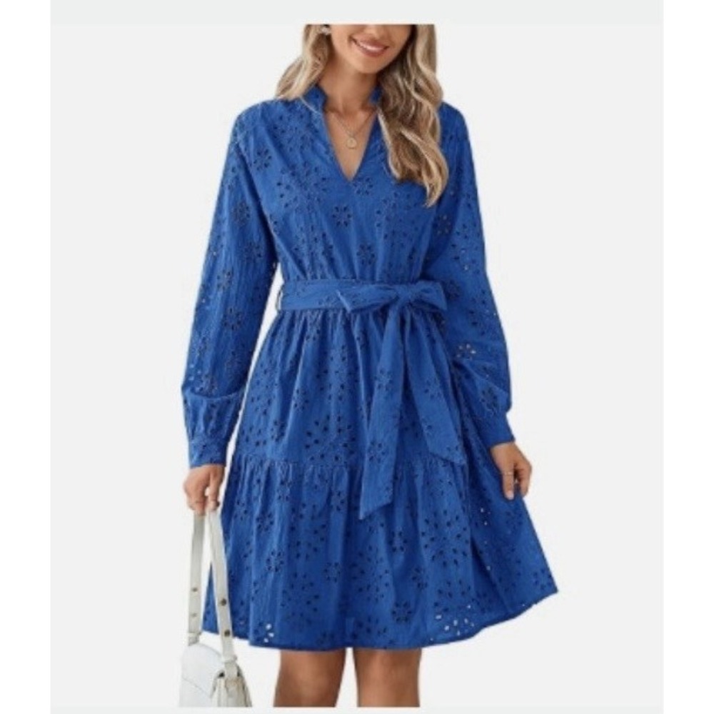 Boho Tiered Eyelet Popover Dress Blue Preppy Brunch Garden Party NWT XLarge